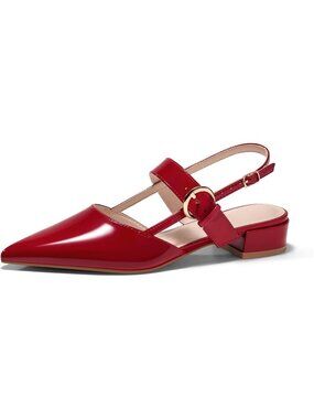 Women's Patent Leather Red Chunky Low Heels Pointed Closed Toe Ankle Strap Shoes